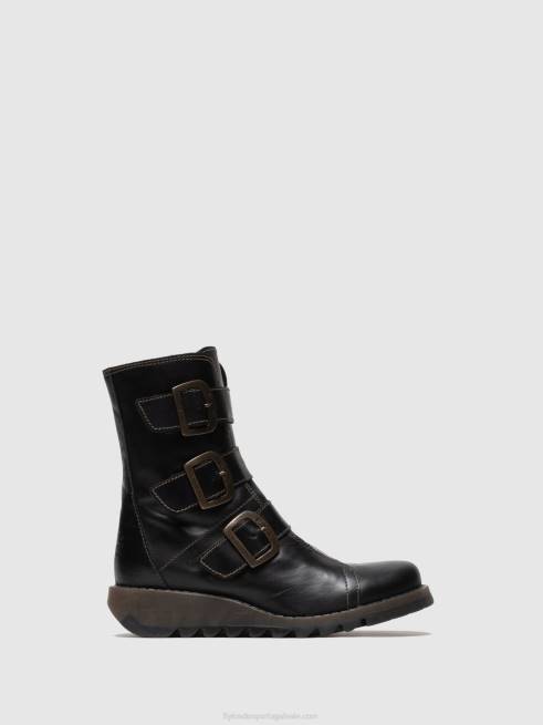 preto L02L18 botins de fivela de couro Fly London mulheres