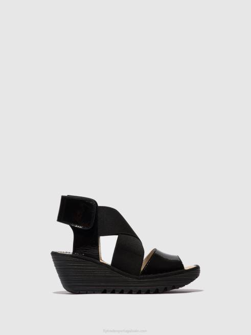 luxo preto L02L390 sandálias cruzadas yuba385 Fly London mulheres