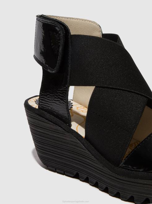 luxo preto L02L390 sandálias cruzadas yuba385 Fly London mulheres